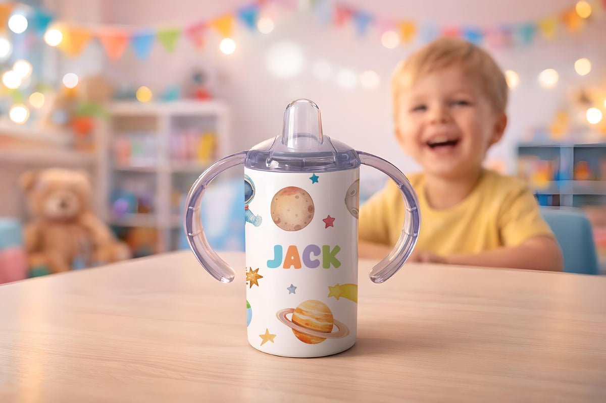 Personalized Toddler Sippy Cup with Handles, Astronaut Design, Baby Gift Water Bottle