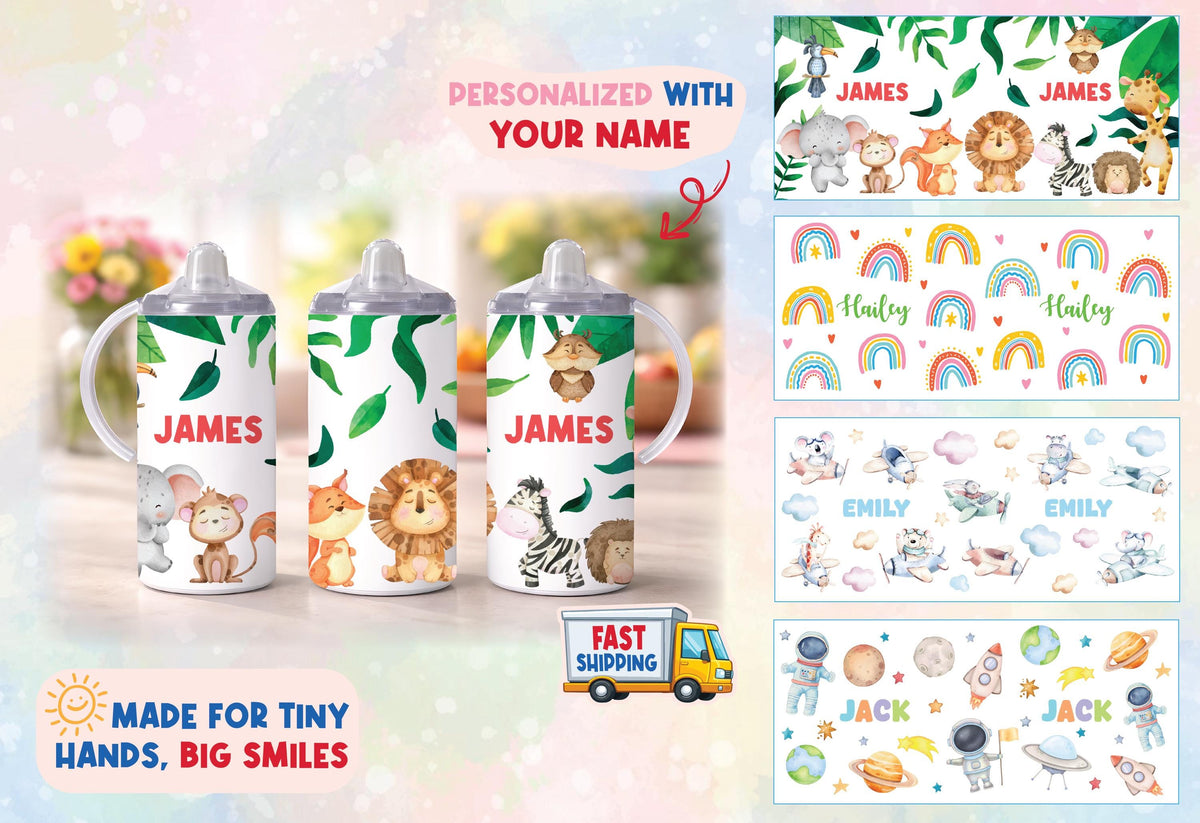 Personalized Toddler Sippy Cup with Handles, Astronaut Design, Baby Gift Water Bottle