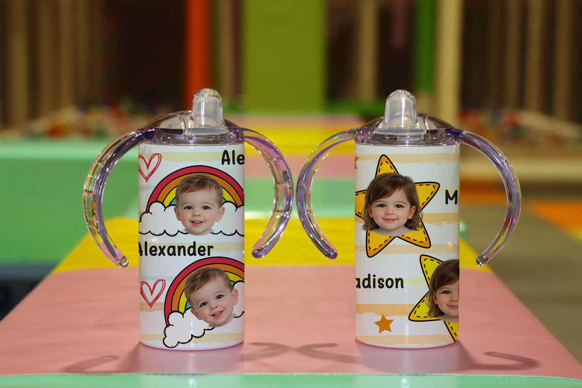 Personalized Baby Tumbler, Photo & Name, Rainbow Flower Design