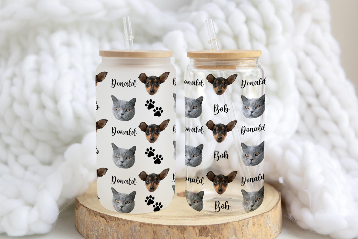 Personalized Pet Photo Glass Cup, Custom Dog Cat Face Can Glass with Bamboo Lid and Straw, Pet Mom Dad Gift, Dog Lovers Tumbler
