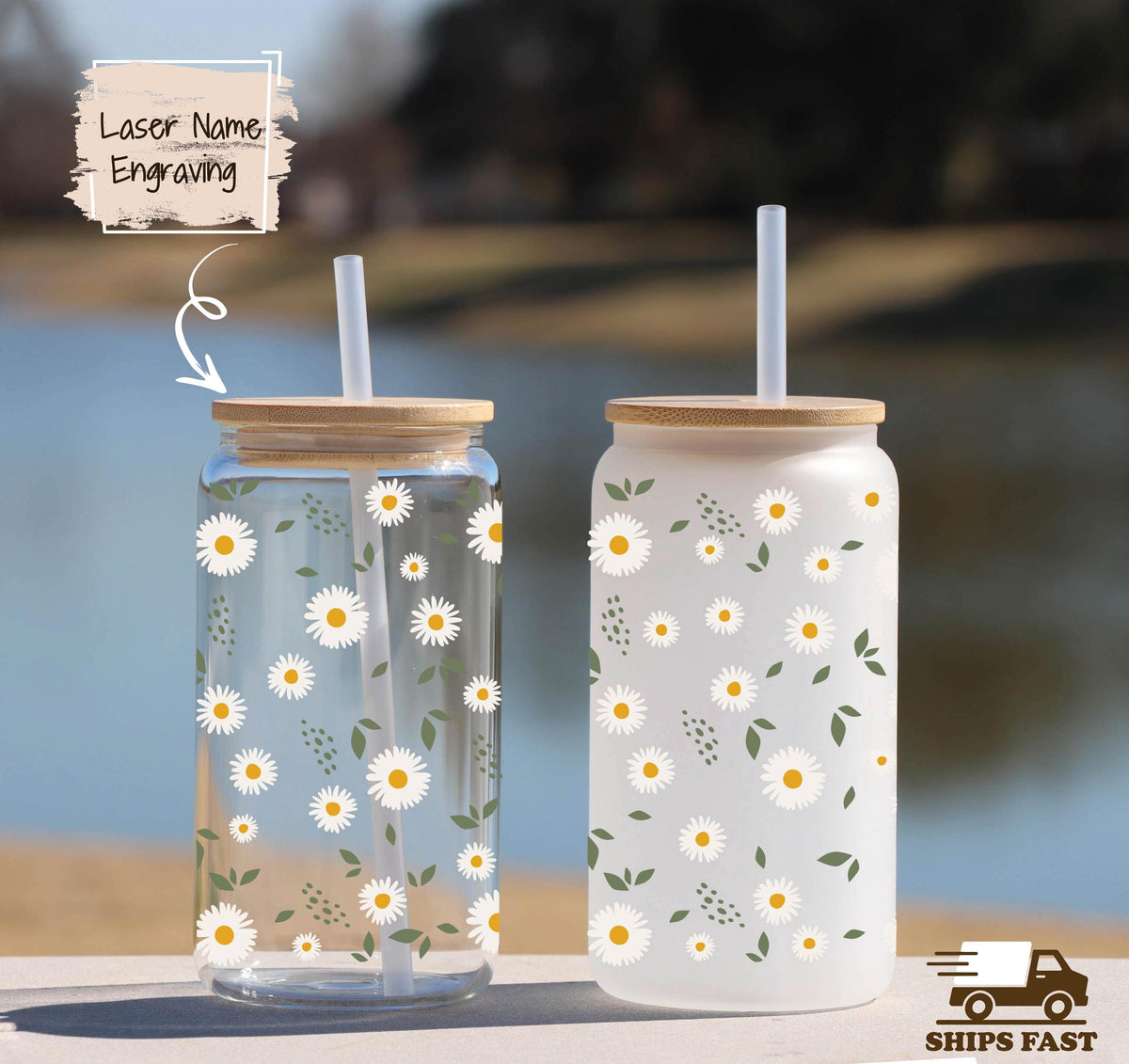 Personalized Daisy Glass Tumbler, Custom Name Bamboo Lid Iced Coffee Cup