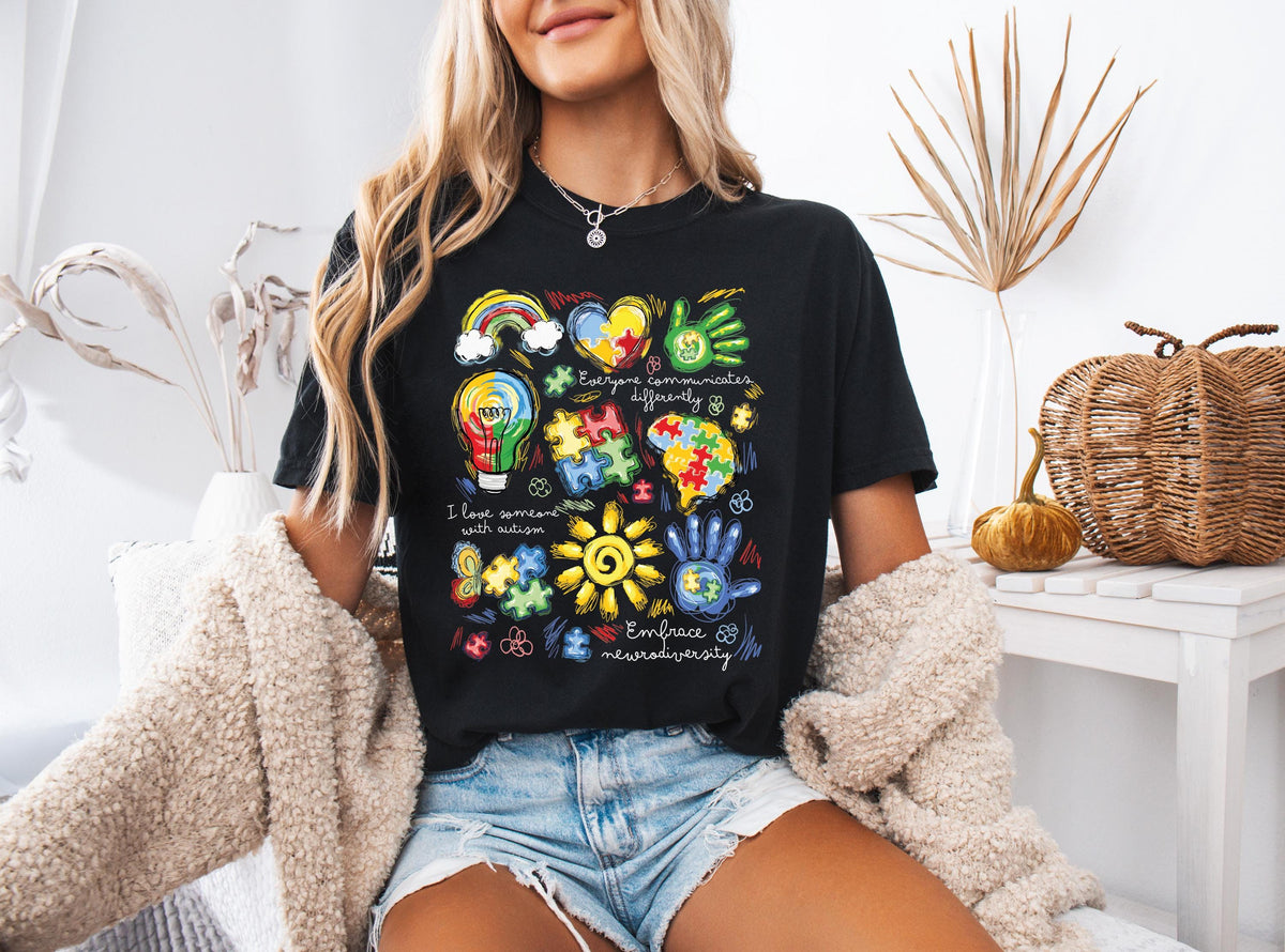 Comfort Colors® Brushstroke Autism Shirt, Everyone Communicates Differently T-Shirt, Autism Puzzle Crewneck, Autism Support Gift Tee