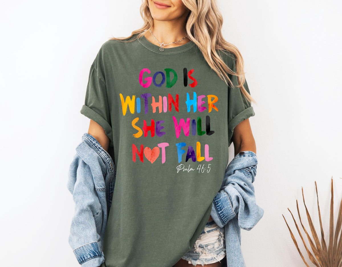 Comfort Colors® God Is Within Her She Will Not Fall Shirt, Religious Mom T-shirt, Christian Tee, Jesus Faith Crewneck, Bible Verse Shirt