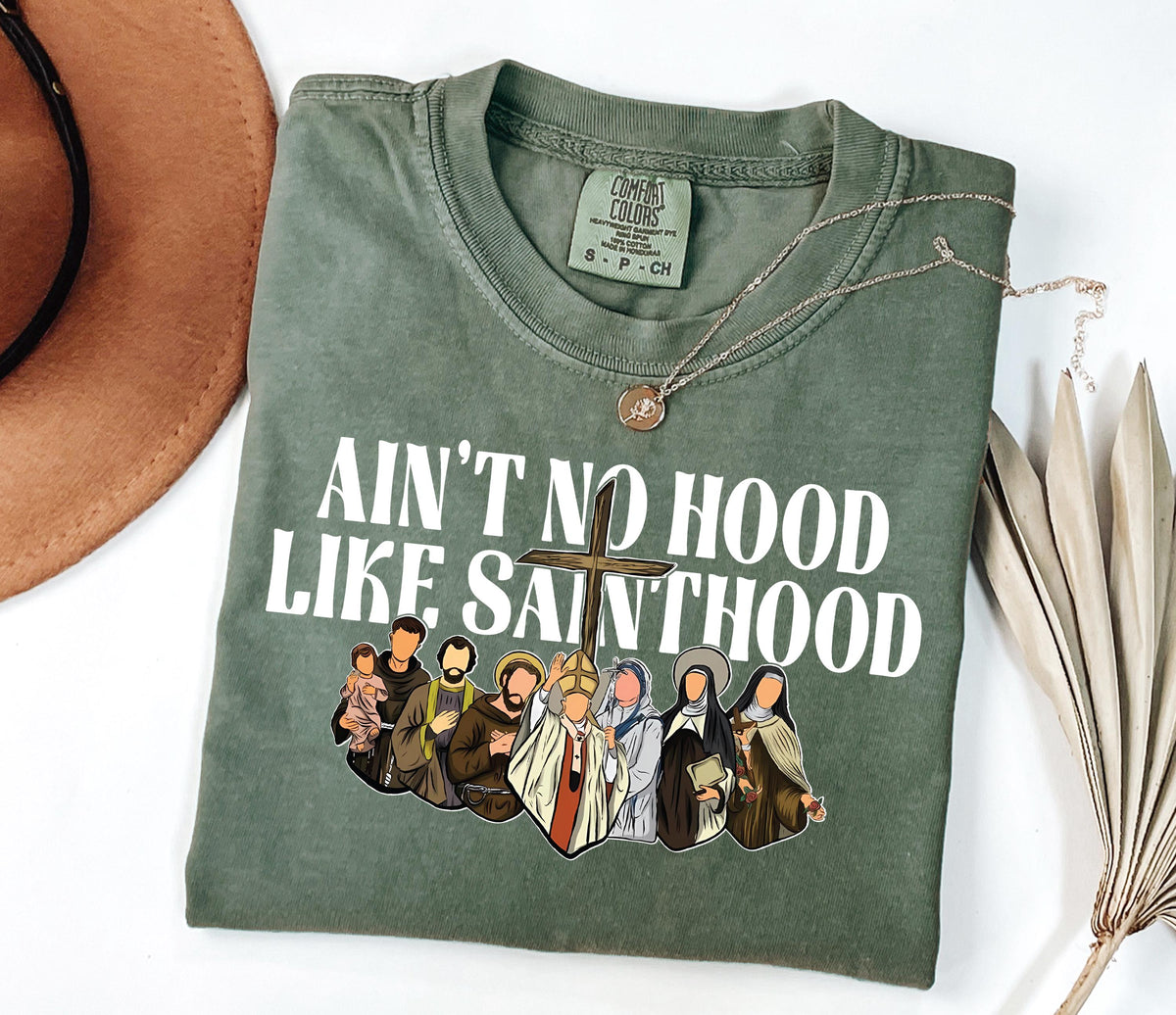 Ain't No Hood Like Sainthood Comfort Colors® Shirt, Funny Christian T-Shirt, Christian Cross Crewneck, Jesus Lover Gift, Faith Based Tee