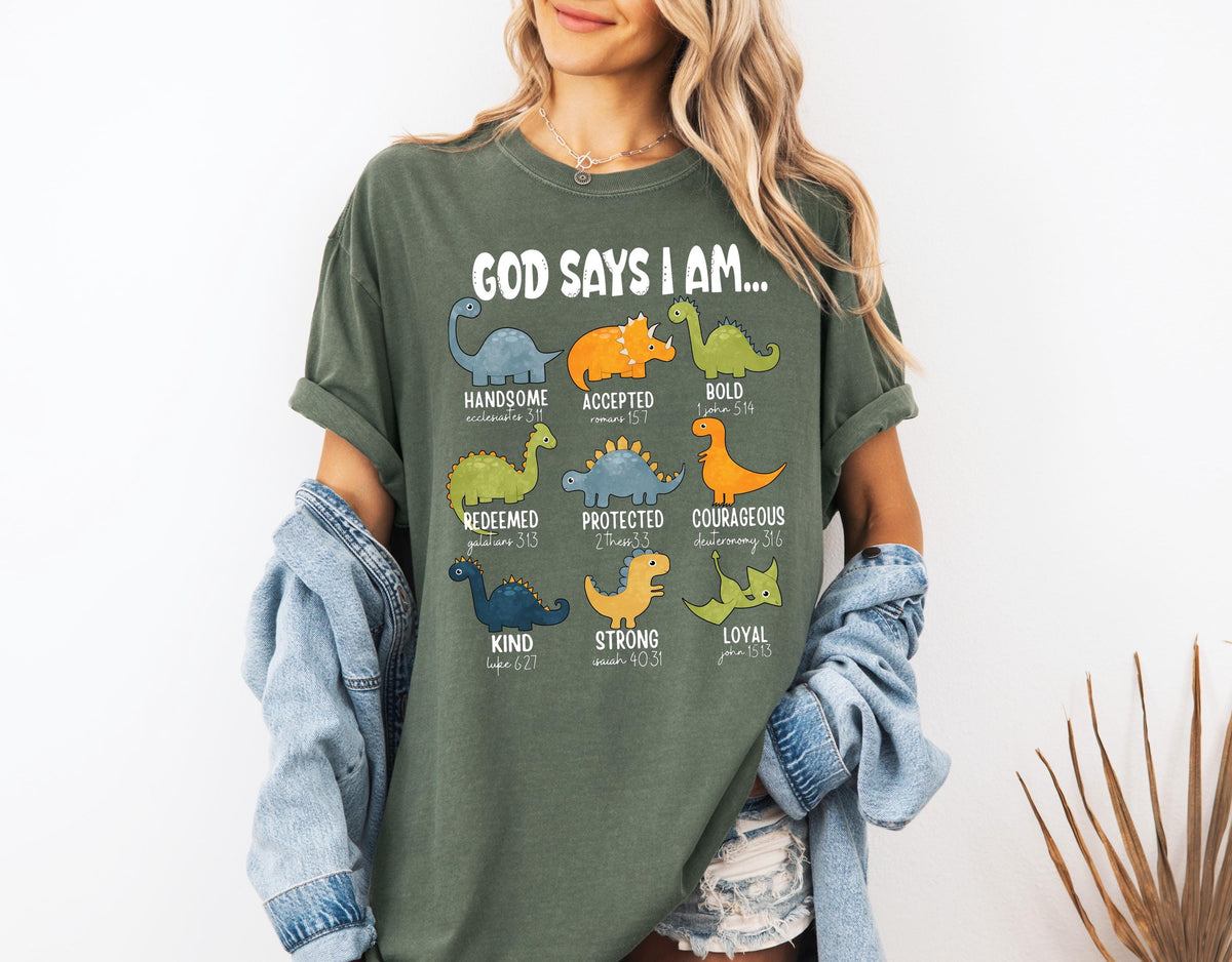 Comfort Colors® God Says I Am Dinosaur Shirt, Religious Bible Verse T-shirt, Christian Men Tee, I am Handsome Strong Loyal Faith Crewneck