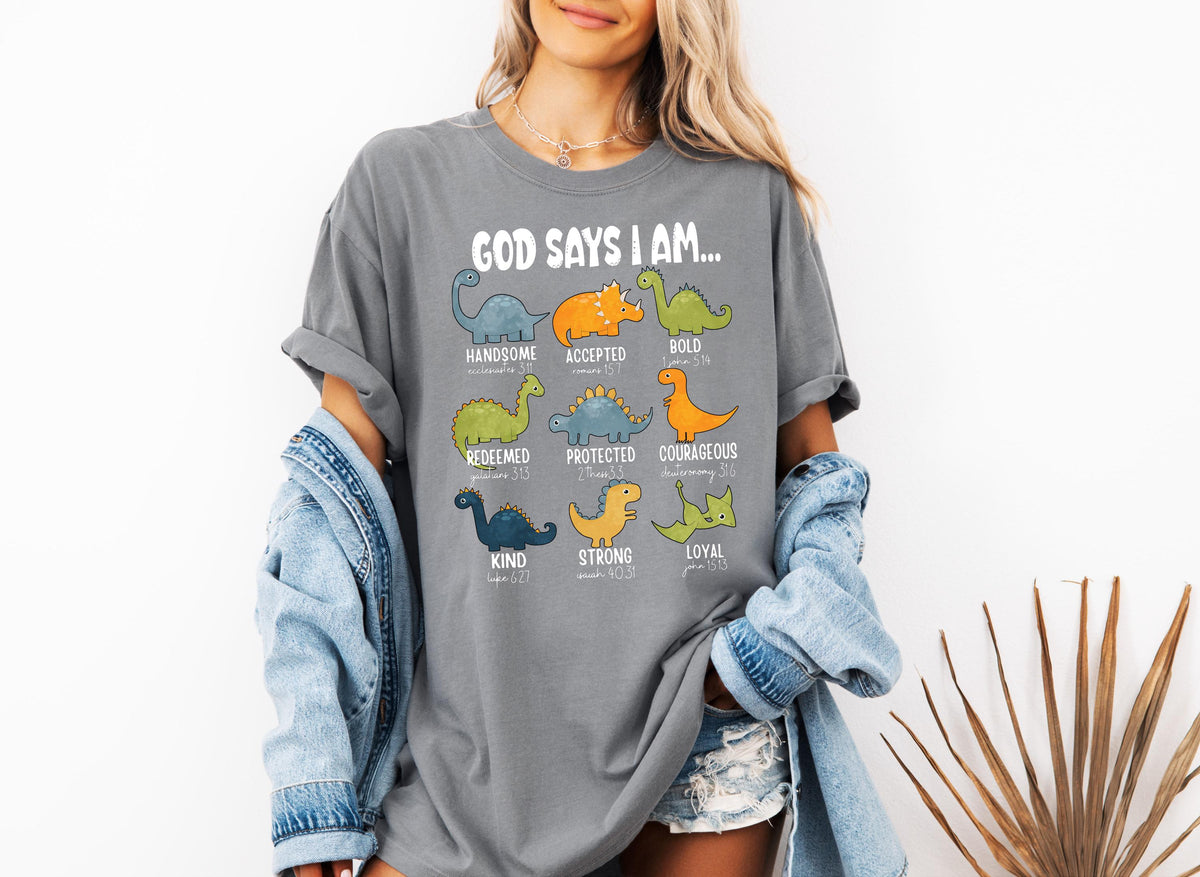 Comfort Colors® God Says I Am Dinosaur Shirt, Religious Bible Verse T-shirt, Christian Men Tee, I am Handsome Strong Loyal Faith Crewneck