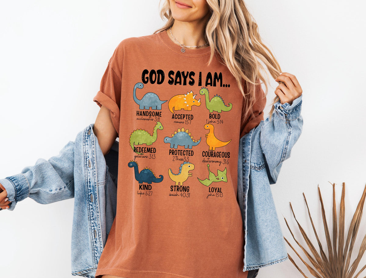 Comfort Colors® God Says I Am Dinosaur Shirt, Religious Bible Verse T-shirt, Christian Men Tee, I am Handsome Strong Loyal Faith Crewneck