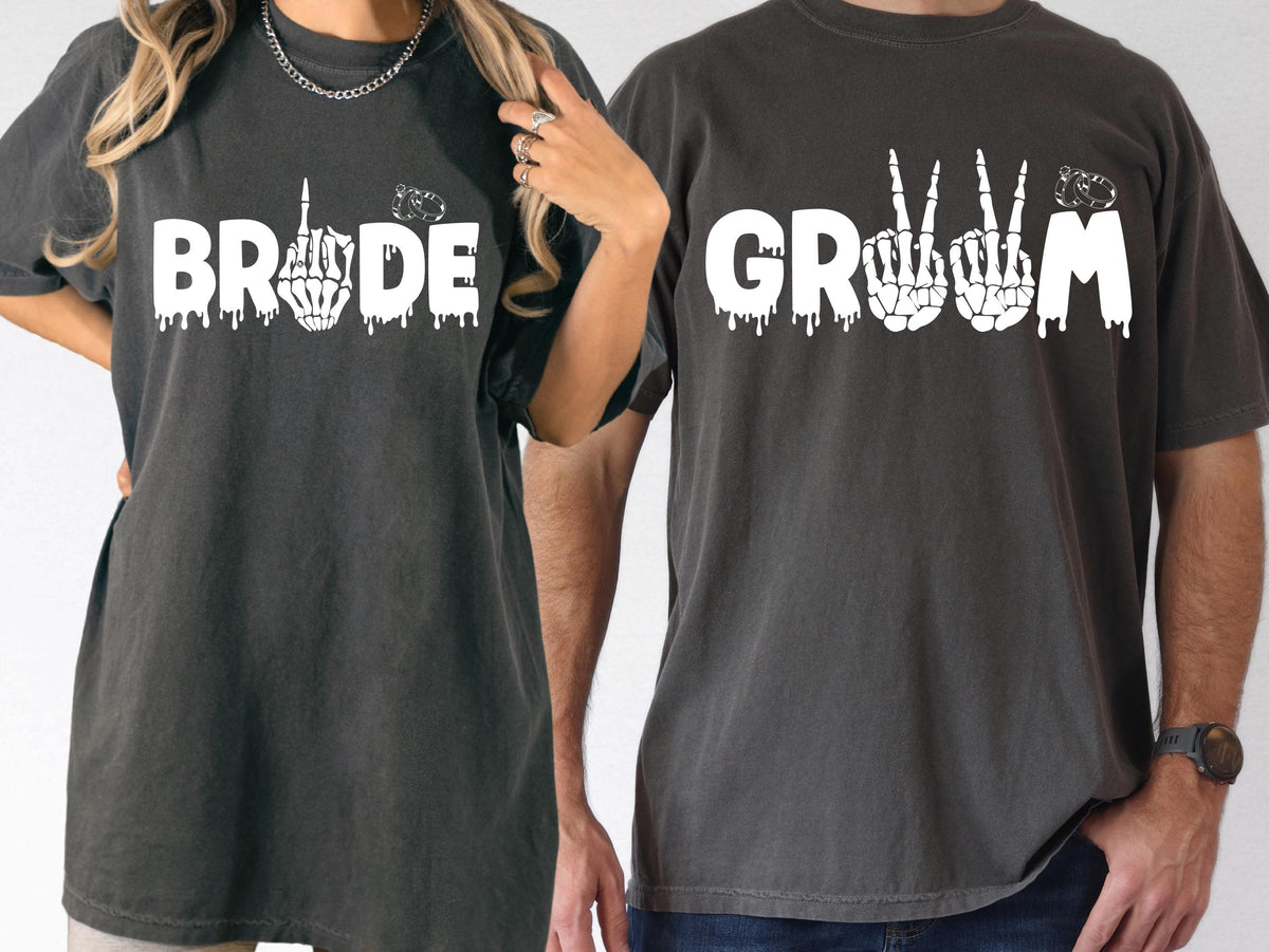 Spooky Bride and Groom Comfort Colors® T-Shirt, Wedding Rock Party Matching Shirt, Gothic Honeymoon Tee, Couple Vacation Just Married Gift