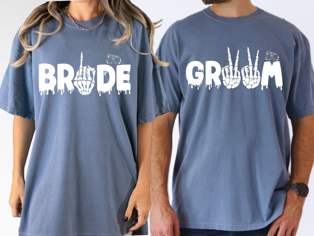Spooky Bride and Groom Comfort Colors® T-Shirt, Wedding Rock Party Matching Shirt, Gothic Honeymoon Tee, Couple Vacation Just Married Gift