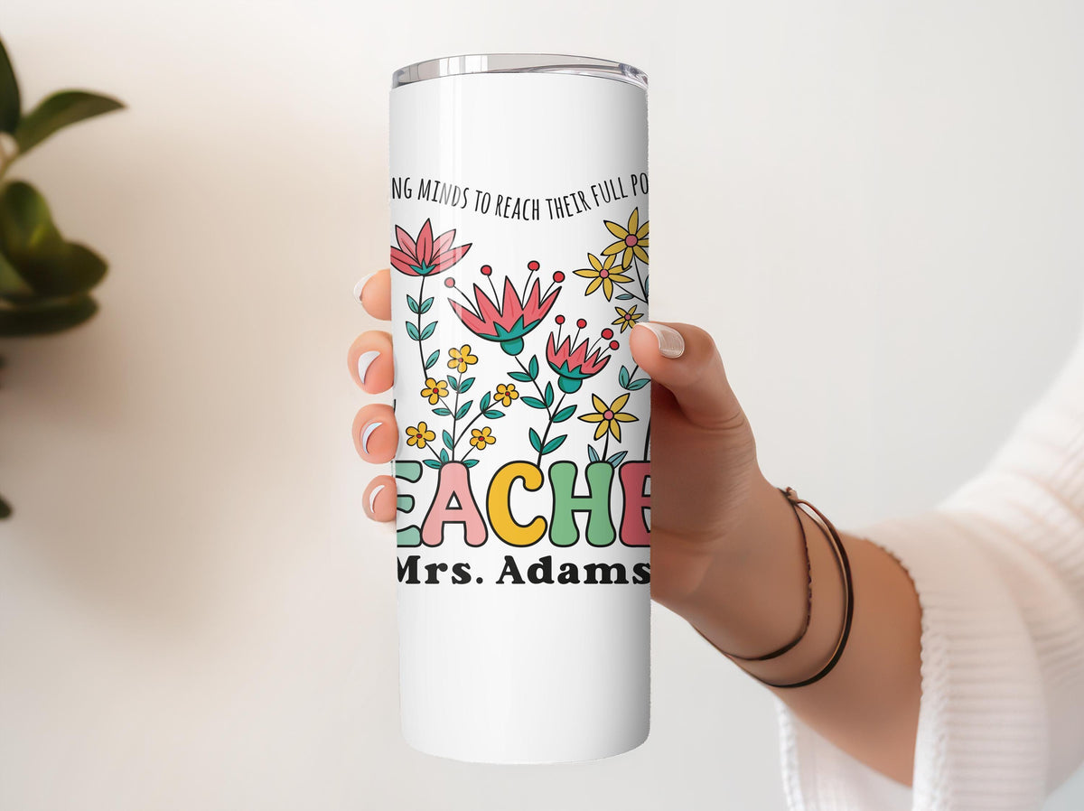 Custom Name Inspiring Young Minds Coffee Tumbler, Colorful Floral Teacher Tumbler With Straw
