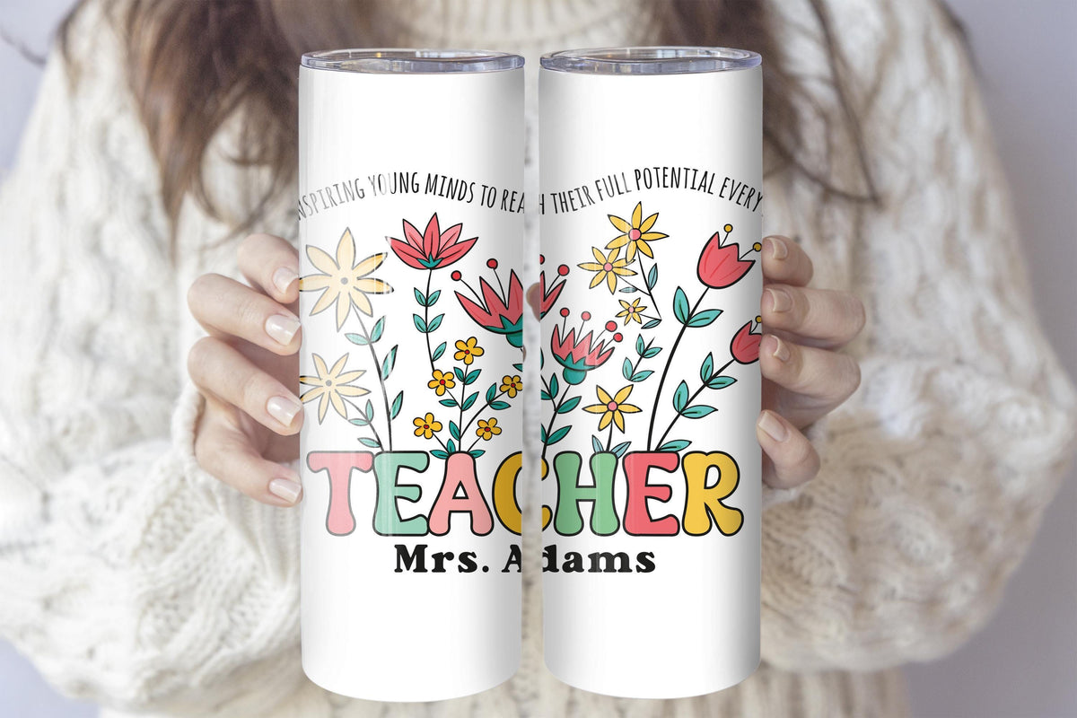 Custom Name Inspiring Young Minds Coffee Tumbler, Colorful Floral Teacher Tumbler With Straw