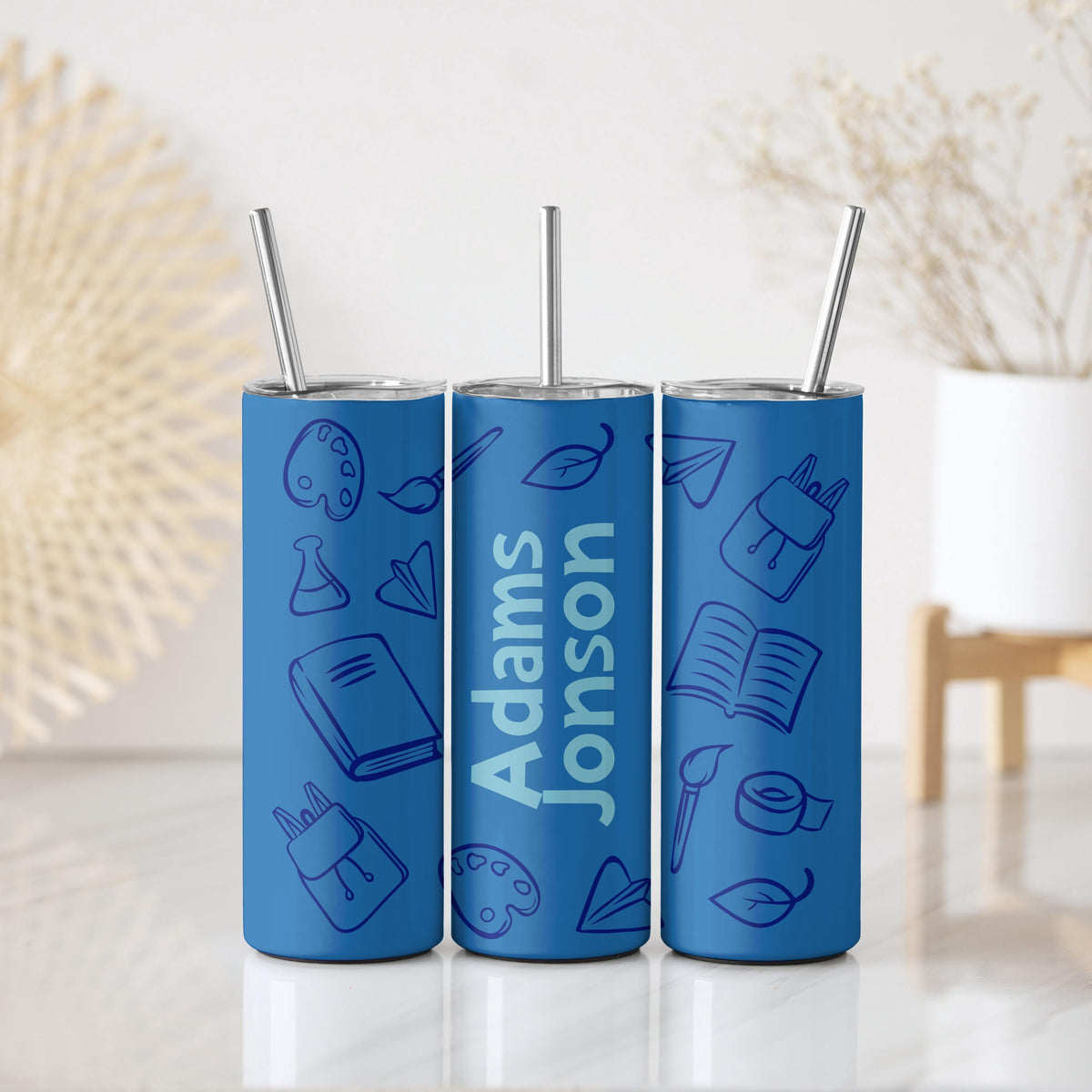 Personalized Colorful Teacher Tumbler With Straw, Custom Name Doodles School Coffee Cup