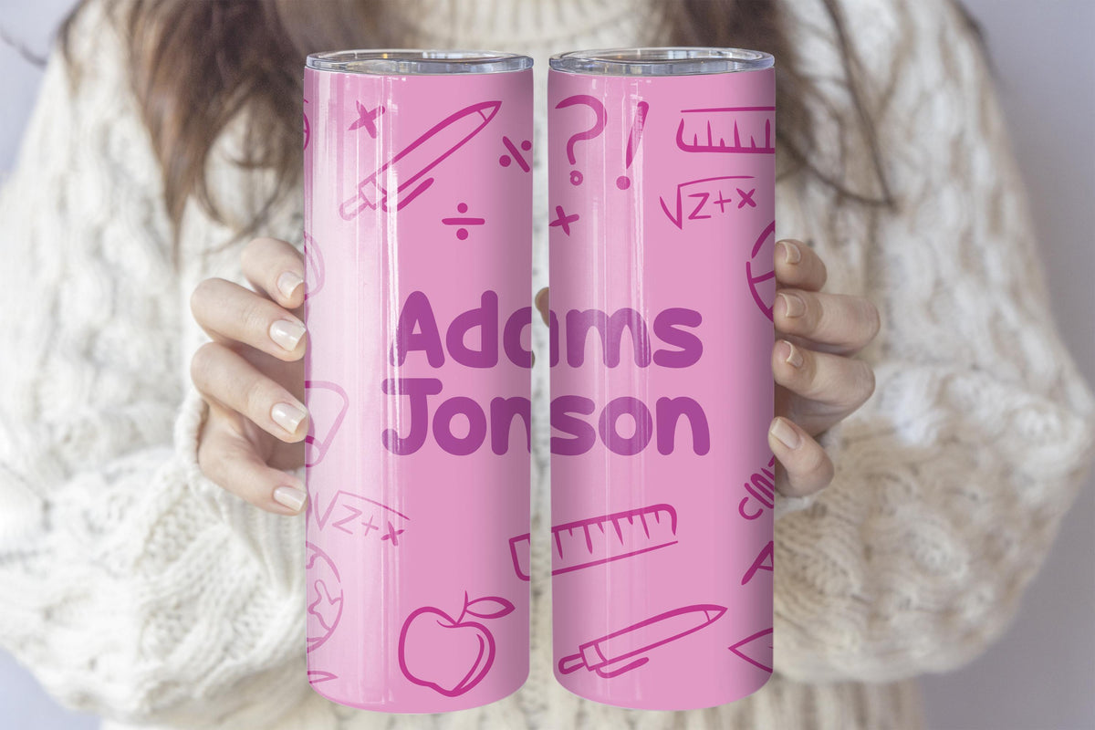 Personalized Colorful Teacher Tumbler With Straw, Custom Name Doodles School Coffee Cup