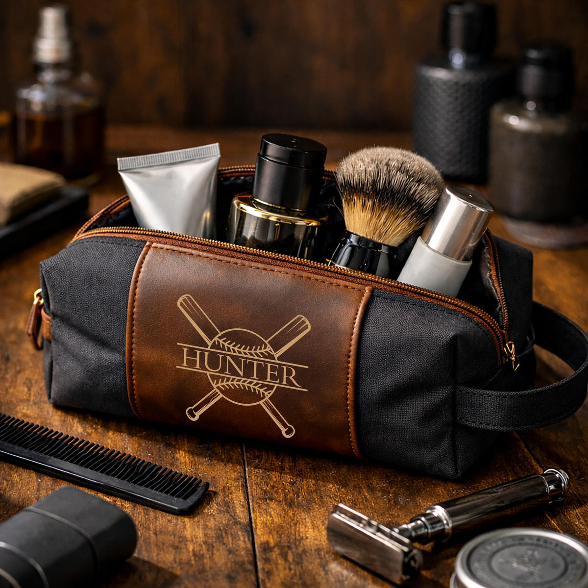 Personalized Toiletry Bag with Engraved Sports Design, Custom Dopp Kit