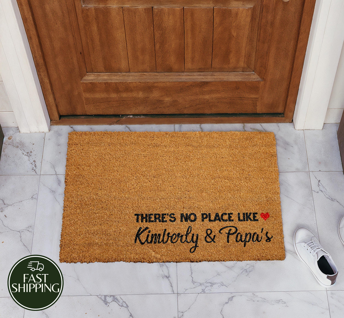 Personalized There Is No Place Like Doormat, Custom Name Coir Welcome Mat With Hearth