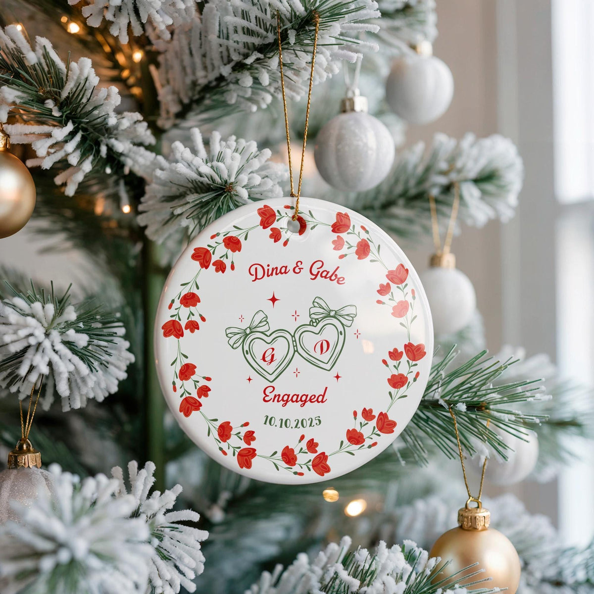 Personalized Engagement Ornament, Couple Names Floral Wreath Keepsake