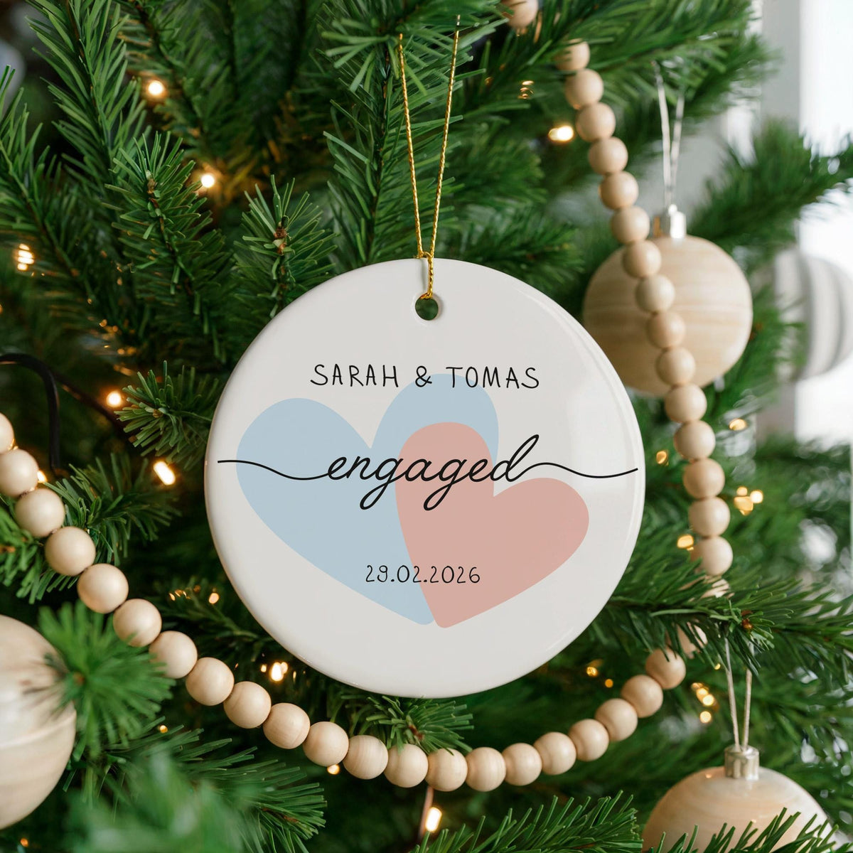 Personalized Engaged Couple Ceramic Ornament, Custom Names Keepsake, Romantic Gift