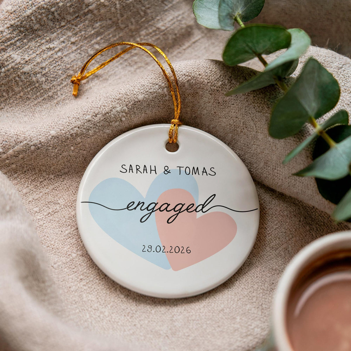 Personalized Engaged Couple Ceramic Ornament, Custom Names Keepsake, Romantic Gift
