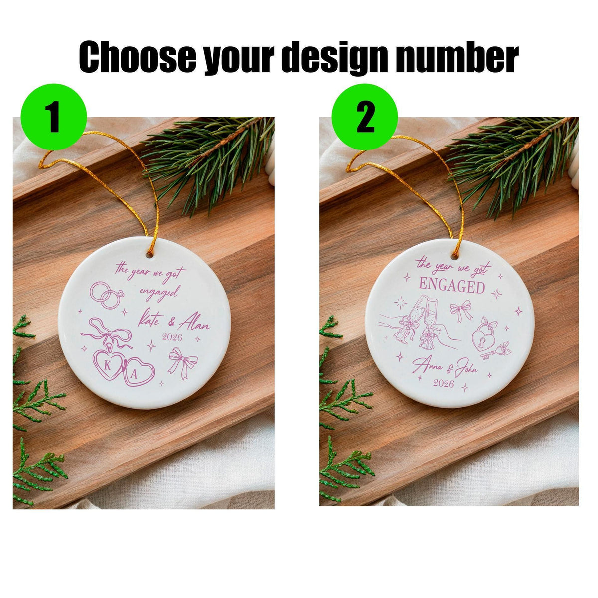 Personalized Engagement Ornament, Couple Names Keepsake, Custom Year Decoration