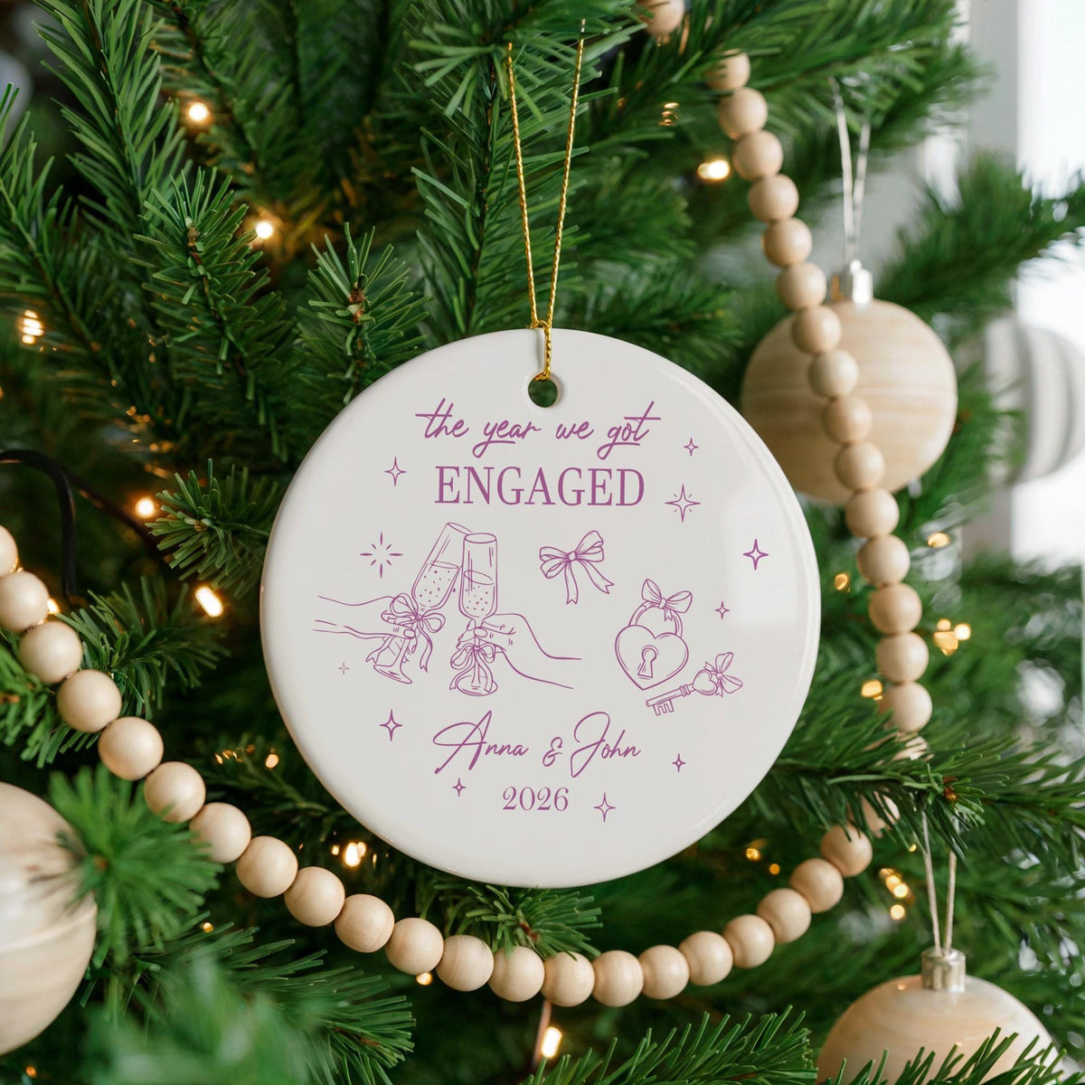 Personalized Engagement Ornament, Couple Names Keepsake, Custom Year Decoration