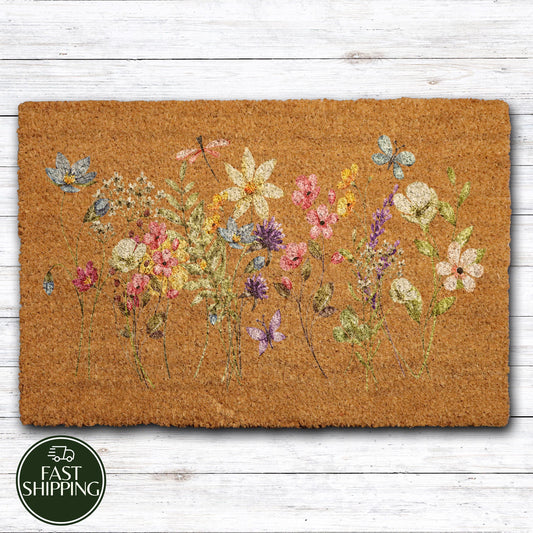 Spring Flowers Coir Doormat, Floral Front Porch Mat, Watercolor Wildflowers Home Decor