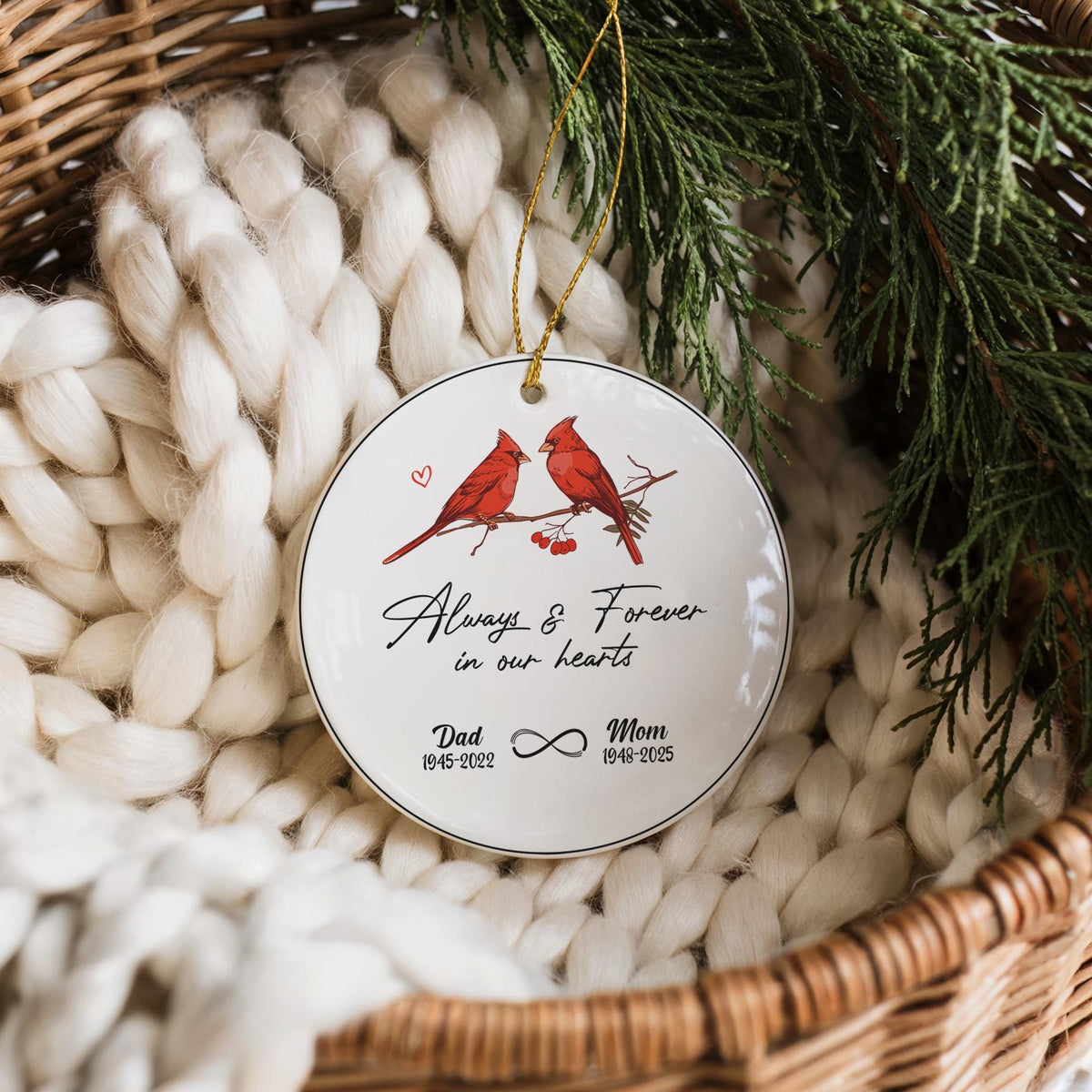 Custom Always And Forever In Our Hearts Mom And Dad Ornament, Personalized Mom & Dad Ornament