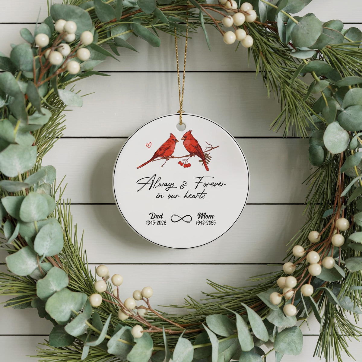 Custom Always And Forever In Our Hearts Mom And Dad Ornament, Personalized Mom & Dad Ornament
