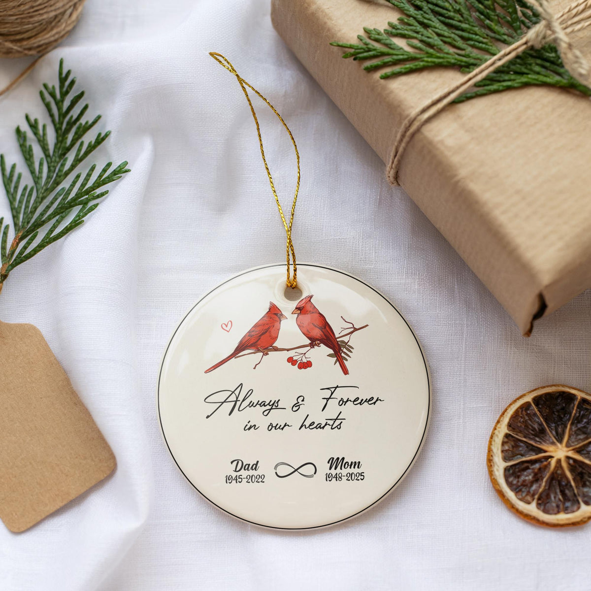 Custom Always And Forever In Our Hearts Mom And Dad Ornament, Personalized Mom & Dad Ornament