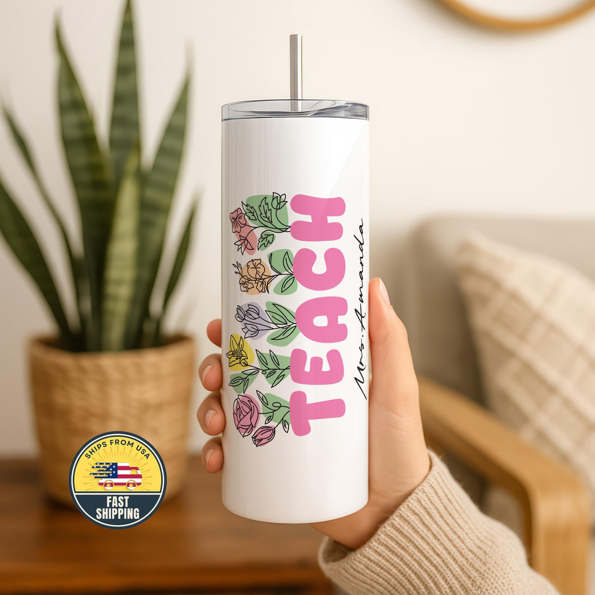 Custom Teach Tumbler, Floral Teacher Tumbler, Floral Teacher Appreciation Gift