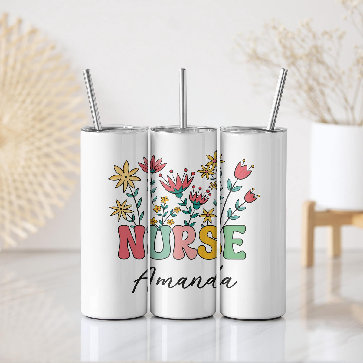 Personalized Floral Nurse Tumbler With Straw, Custom Name Groovy Nurse Coffee Cup