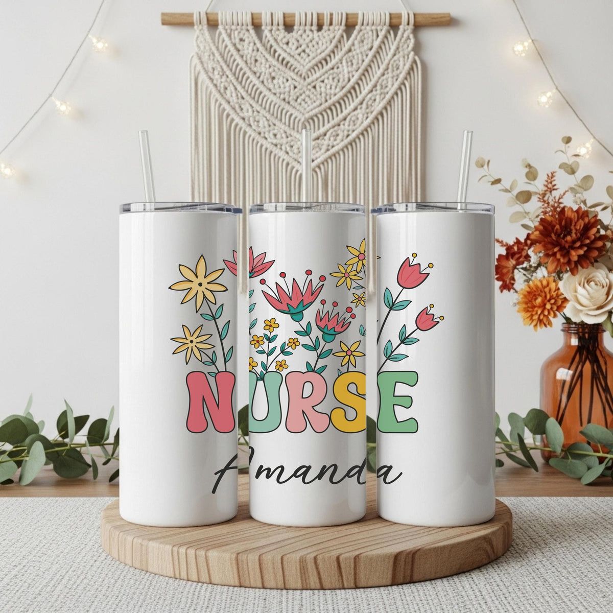 Personalized Floral Nurse Tumbler With Straw, Custom Name Groovy Nurse Coffee Cup