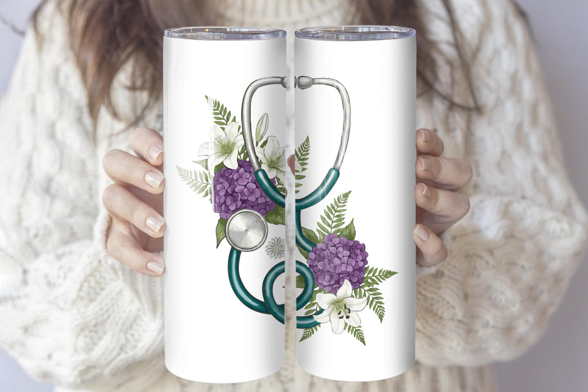 Custom Name Floral Stethoscope Design Coffee Tumbler