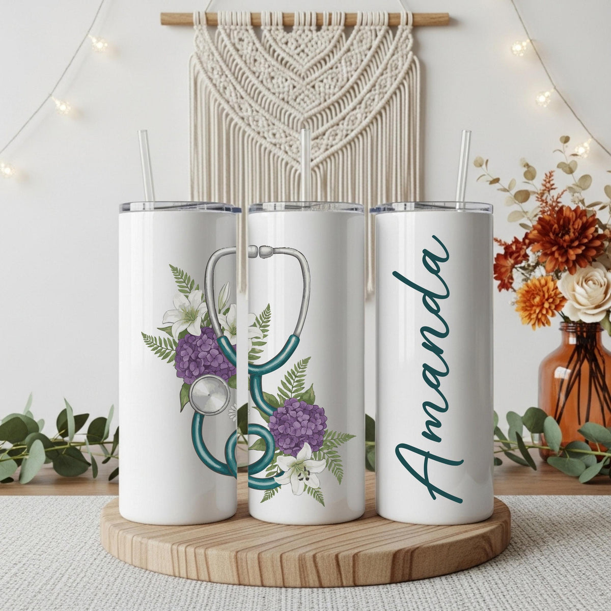 Custom Name Floral Stethoscope Design Coffee Tumbler