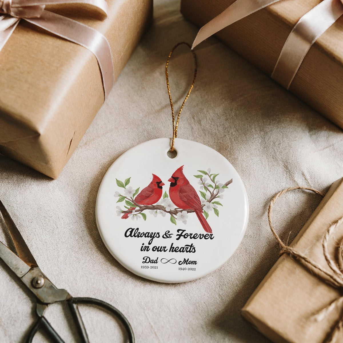 Always & Forever In Our Hearts Ornament, Personalized Red Cardinal Memorial Keepsake
