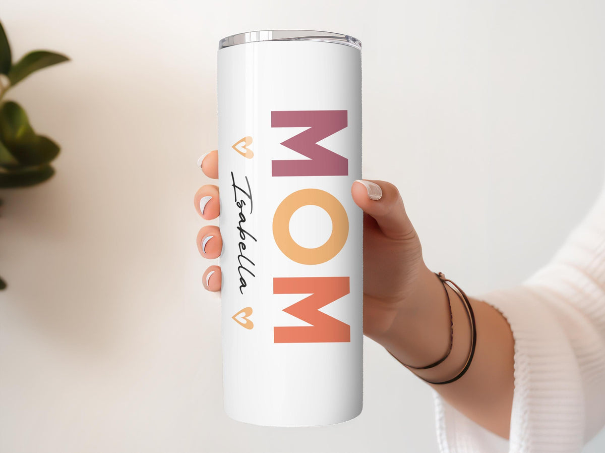 Custom Name Mom Tumbler With Straw, Colorful Text & Hearts Design Mama Tumbler With Straw