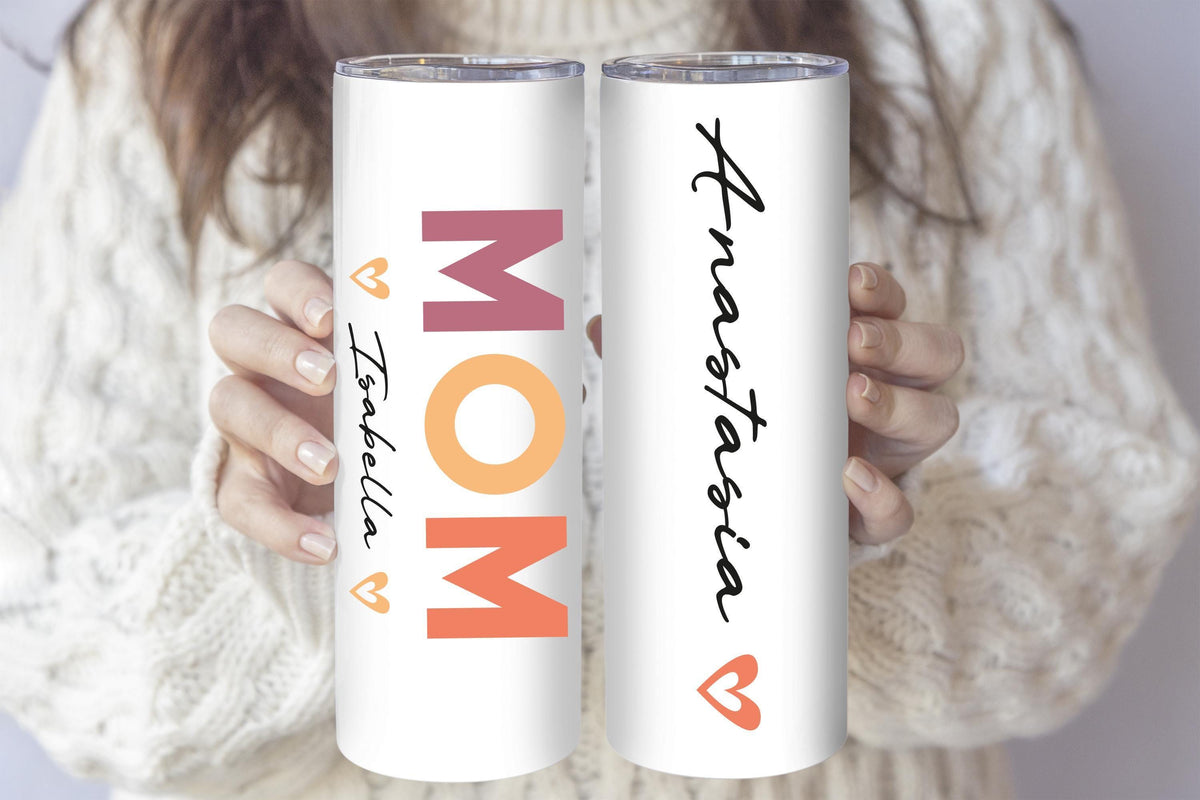 Custom Name Mom Tumbler With Straw, Colorful Text & Hearts Design Mama Tumbler With Straw