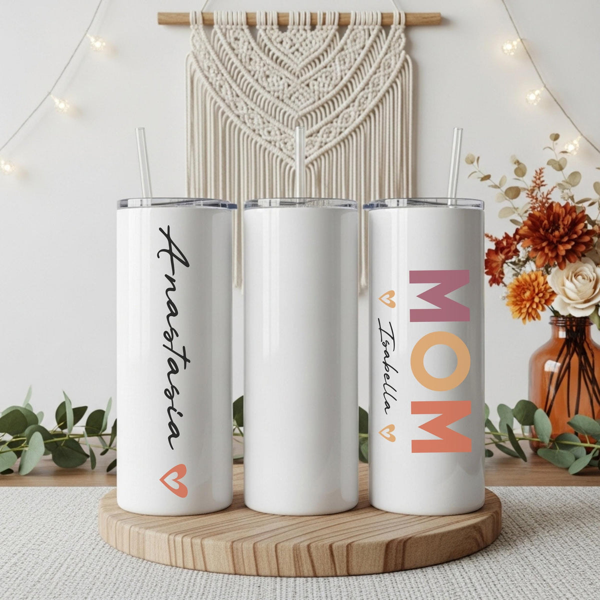 Custom Name Mom Tumbler With Straw, Colorful Text & Hearts Design Mama Tumbler With Straw