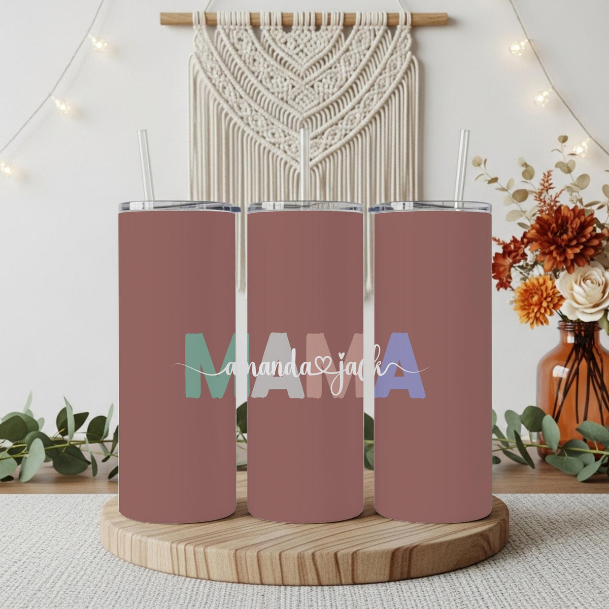 Personalized Mama Tumbler With Kids Names, Custom Mom Travel Coffee Tumbler