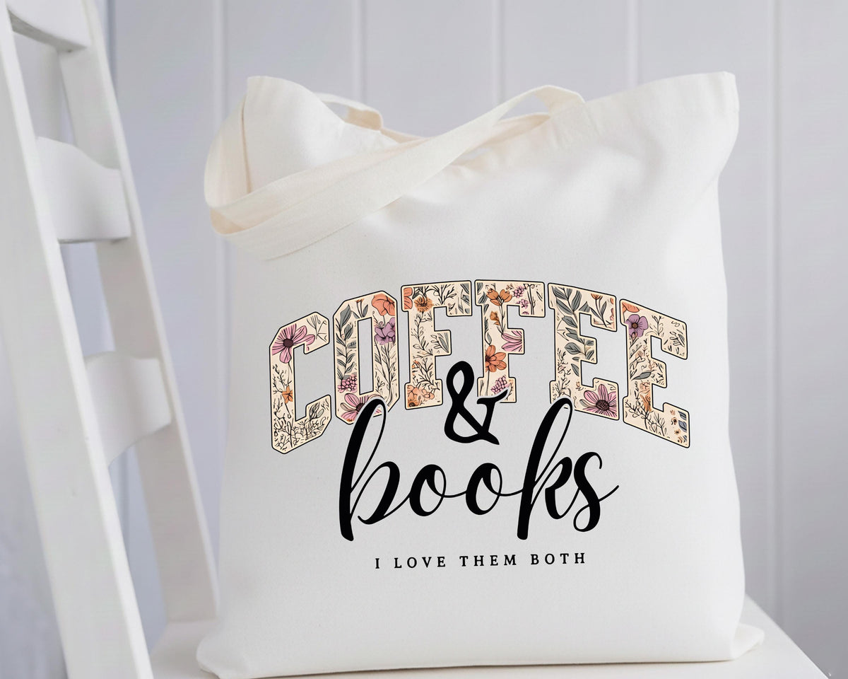 Coffee and Books Tote Bag, Floral Bookish Tote Bag, Coffee Lover Bag, Bookworm Gift Tote