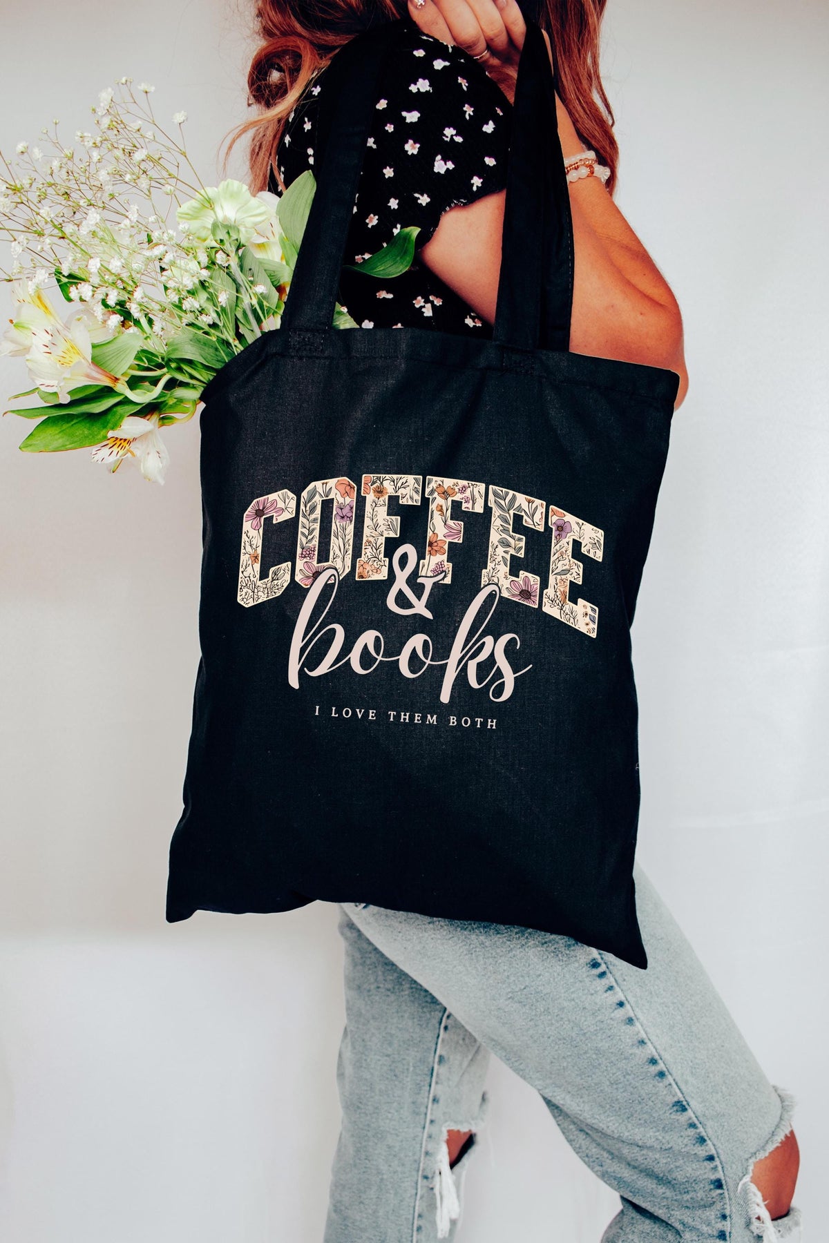 Coffee and Books Tote Bag, Floral Bookish Tote Bag, Coffee Lover Bag, Bookworm Gift Tote