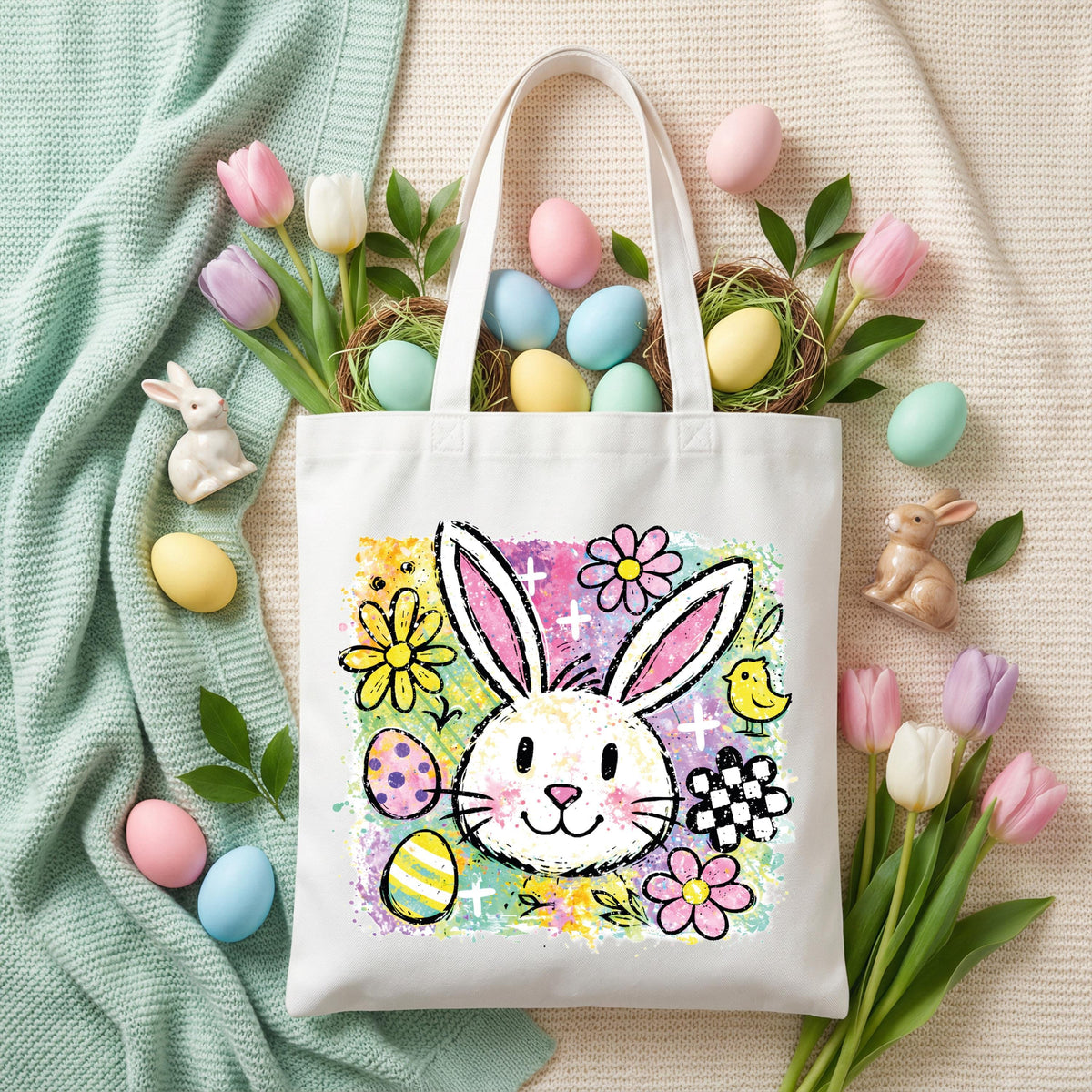 Easter Bunny Tote Bag, Floral Easter Gift Tote, Happy Easter Bags