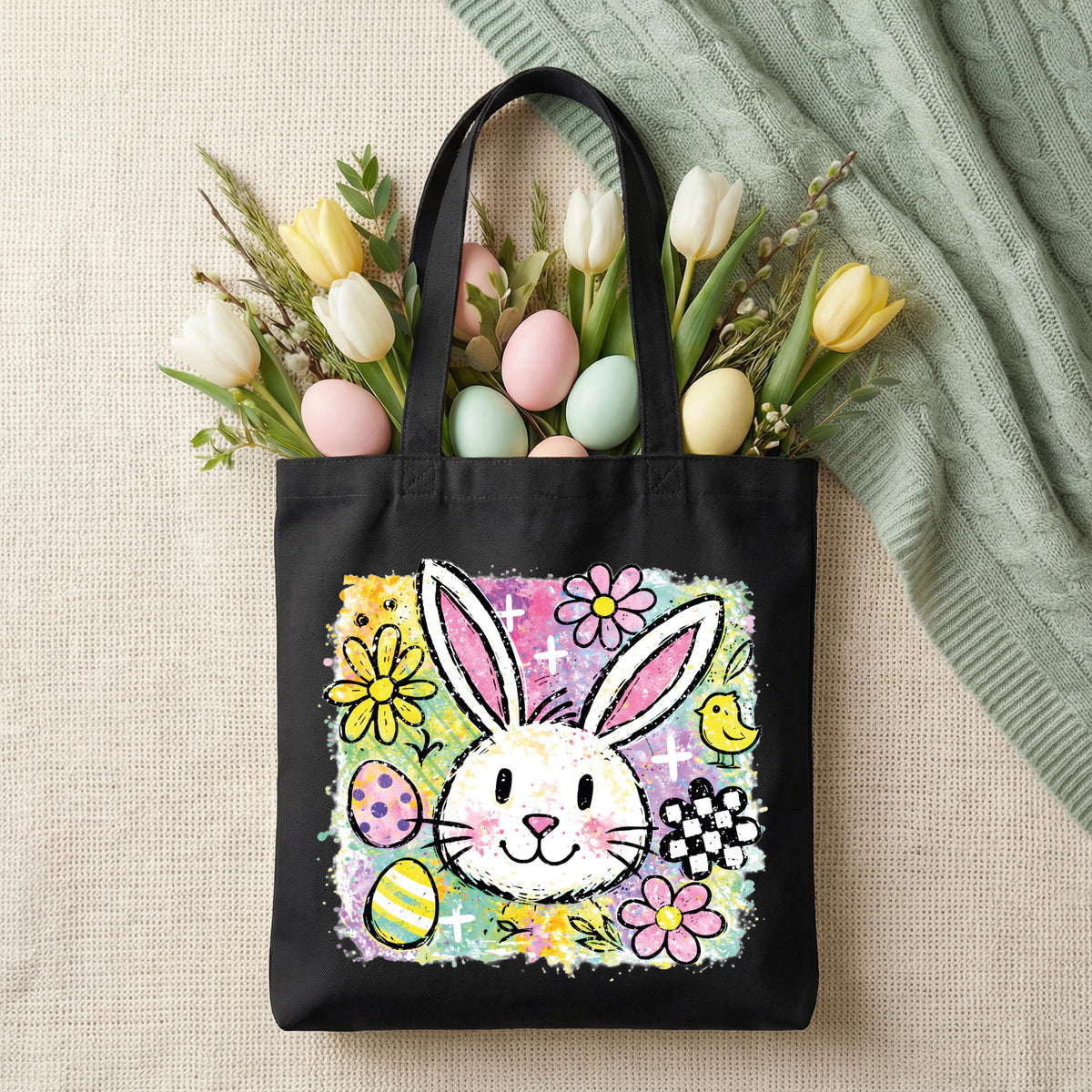 Easter Bunny Tote Bag, Floral Easter Gift Tote, Happy Easter Bags
