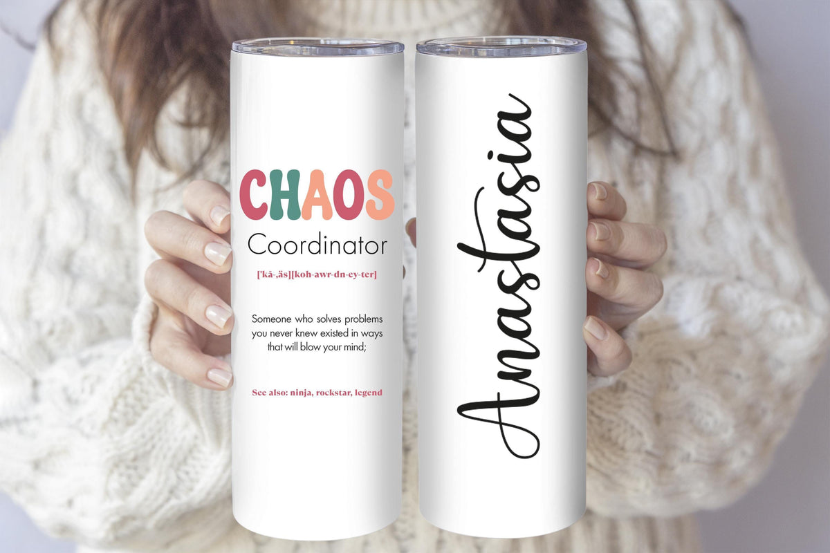 Custom Name Chaos Coordinator Coffee Tumbler, Groovy Text Office Manager Tumbler With Straw
