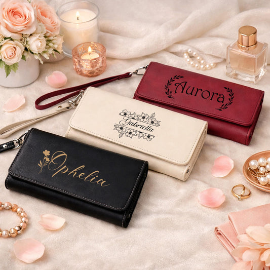 Personalized Vegan Leather Clutch Wallet, Engraved Monogrammed Purse