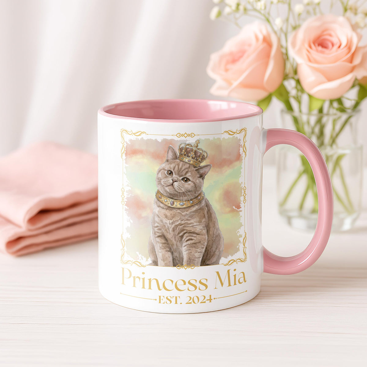 Custom Royal Dog Photo Mug, Personalized Princess Pet Watercolor Portrait Cup, New Puppy Adoption Gift, Est. Year Dogs Owner Present