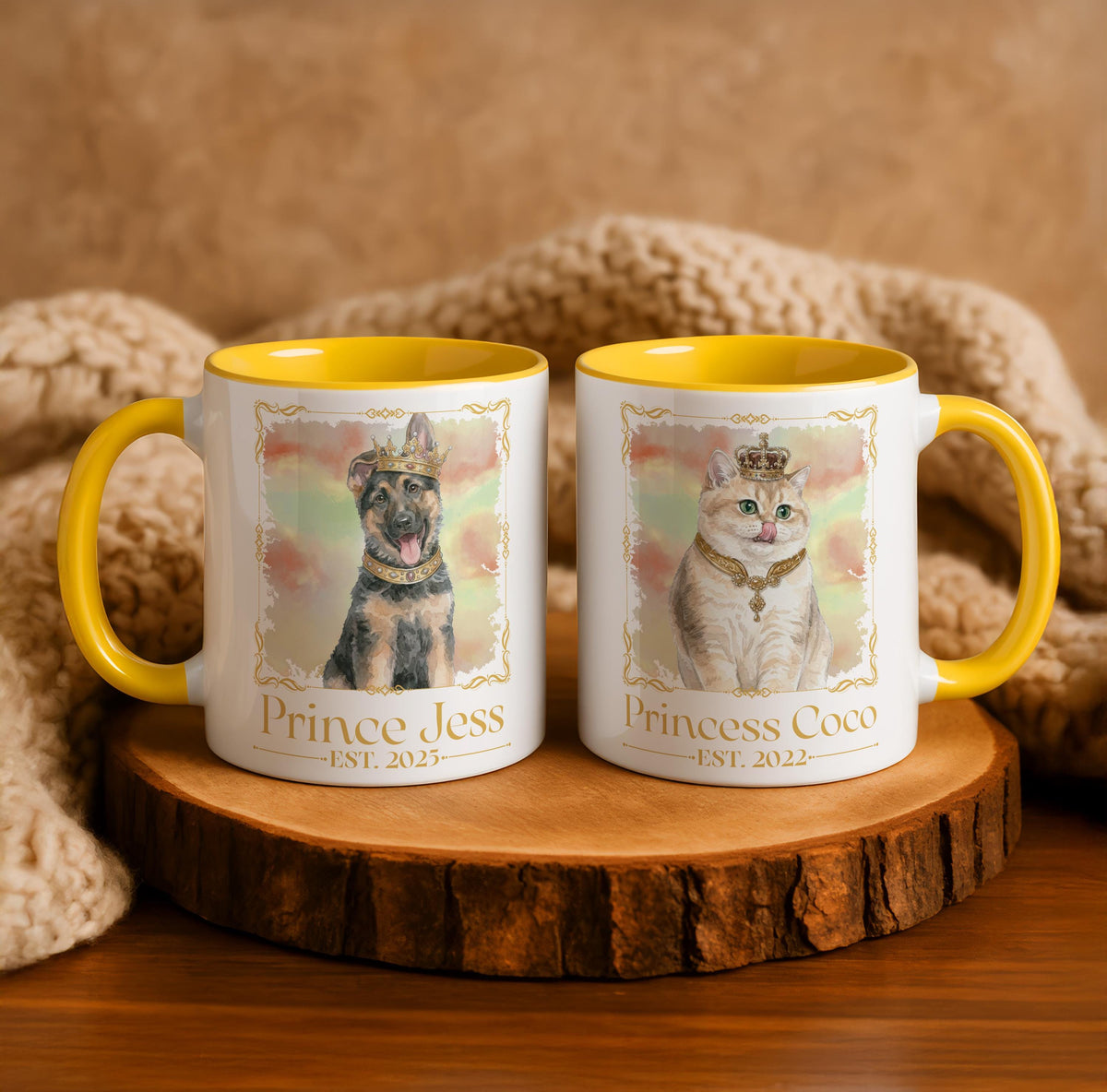 Custom Royal Cat Photo Mug, Personalized Princess Pet Watercolor Portrait Cup, New Kitten Adoption Gift, Est. Year Cats Owner Present