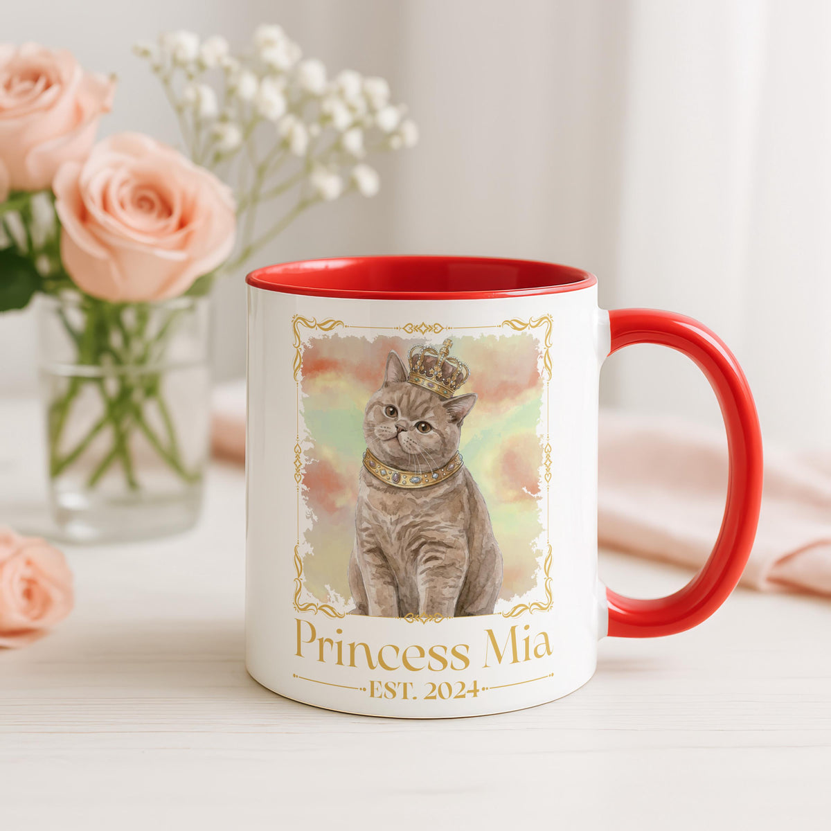 Custom Royal Dog Photo Mug, Personalized Princess Pet Watercolor Portrait Cup, New Puppy Adoption Gift, Est. Year Dogs Owner Present