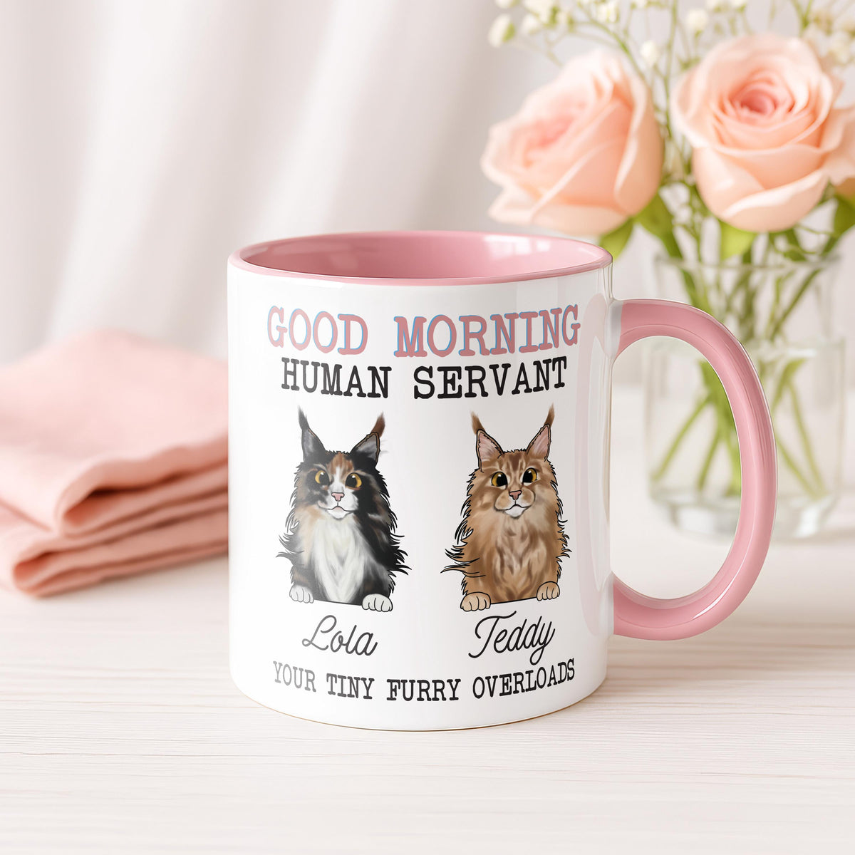 Good Morning Human Servant Mug, Personalized Cat Name Cup, Funny Cats Lover Gift, Pet Mom Present