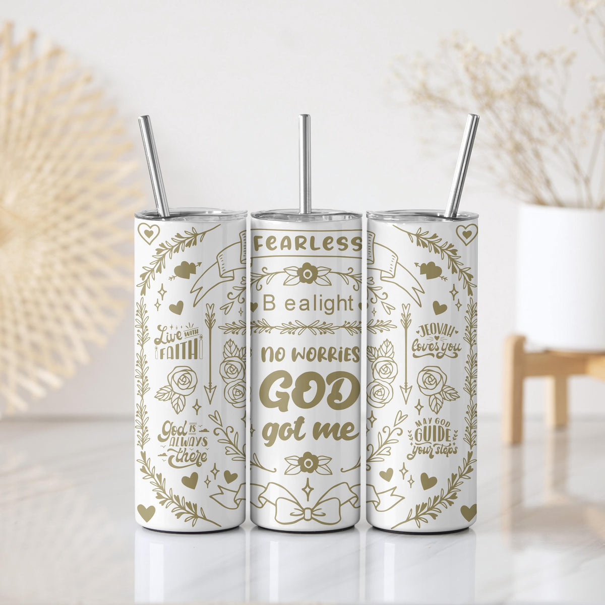 No Worries God Got Me Tumbler With Straw, Christian Encouragement Quotes Coffee Tumbler