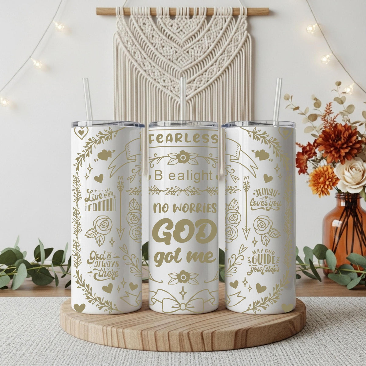 No Worries God Got Me Tumbler With Straw, Christian Encouragement Quotes Coffee Tumbler
